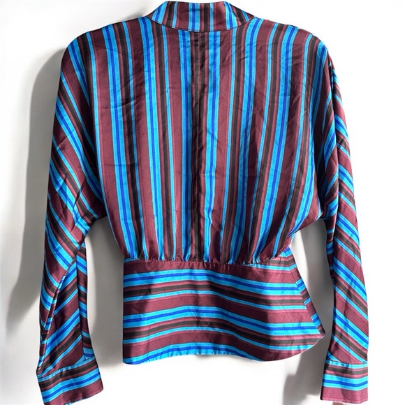 I.N.C Wrap Blouse Long Sleeves Maroon & Blue Stripes Woman’s Small Satin Blouse - Picture 3 of 8